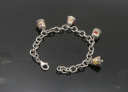925 Sterling Silver  Vintage Enamel Floral Bell Charms Chain Bracelet  BT8380