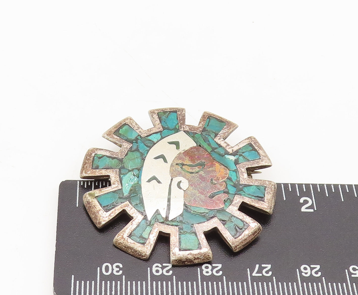 METALES MEXICO 925 Silver  Vintage Crushed Turquoise Carved Brooch Pin BP10483