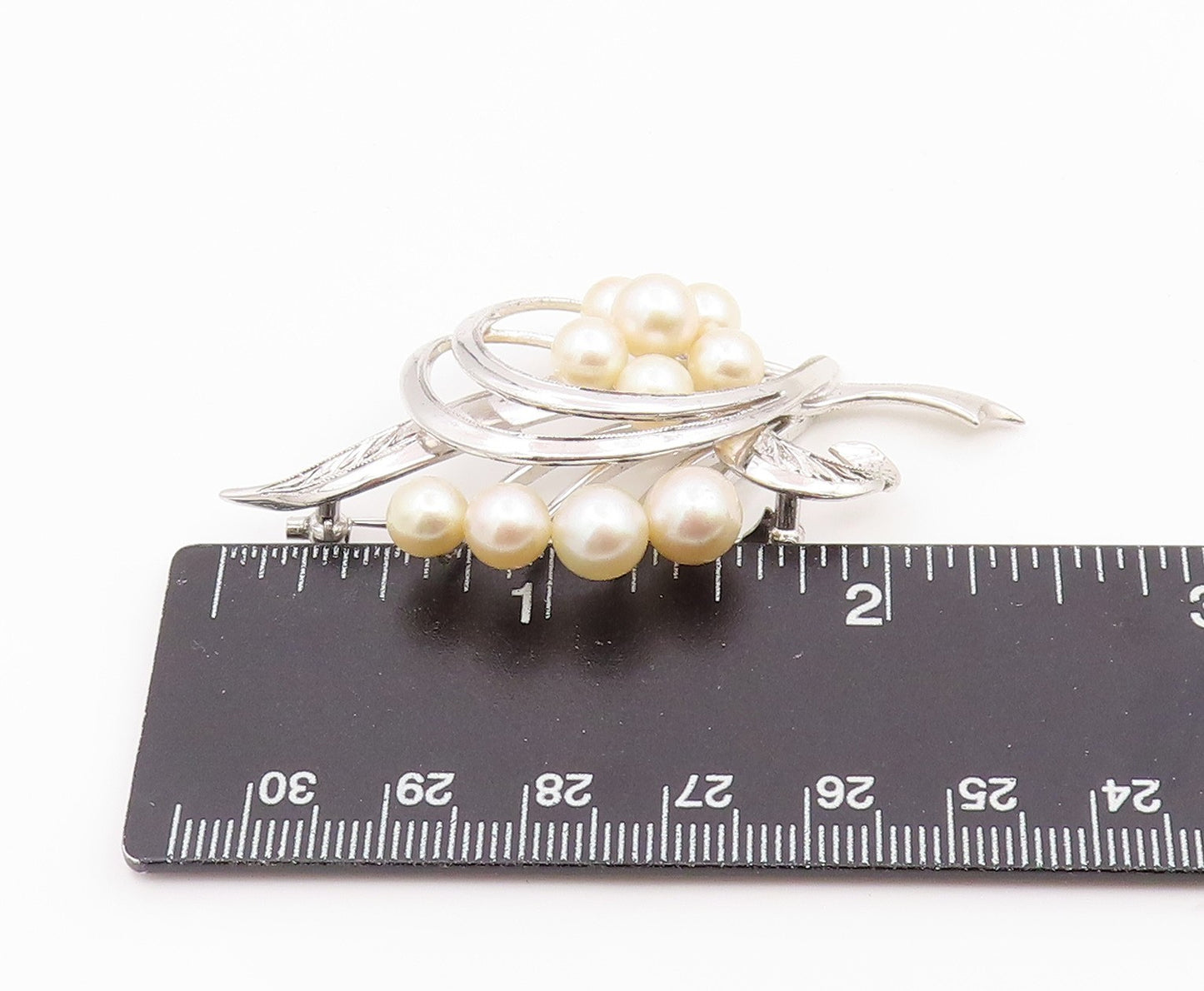 925 Sterling Silver Vintage Brooch Pin Elegant Pearl Swirly Floral Leaf  BP12361