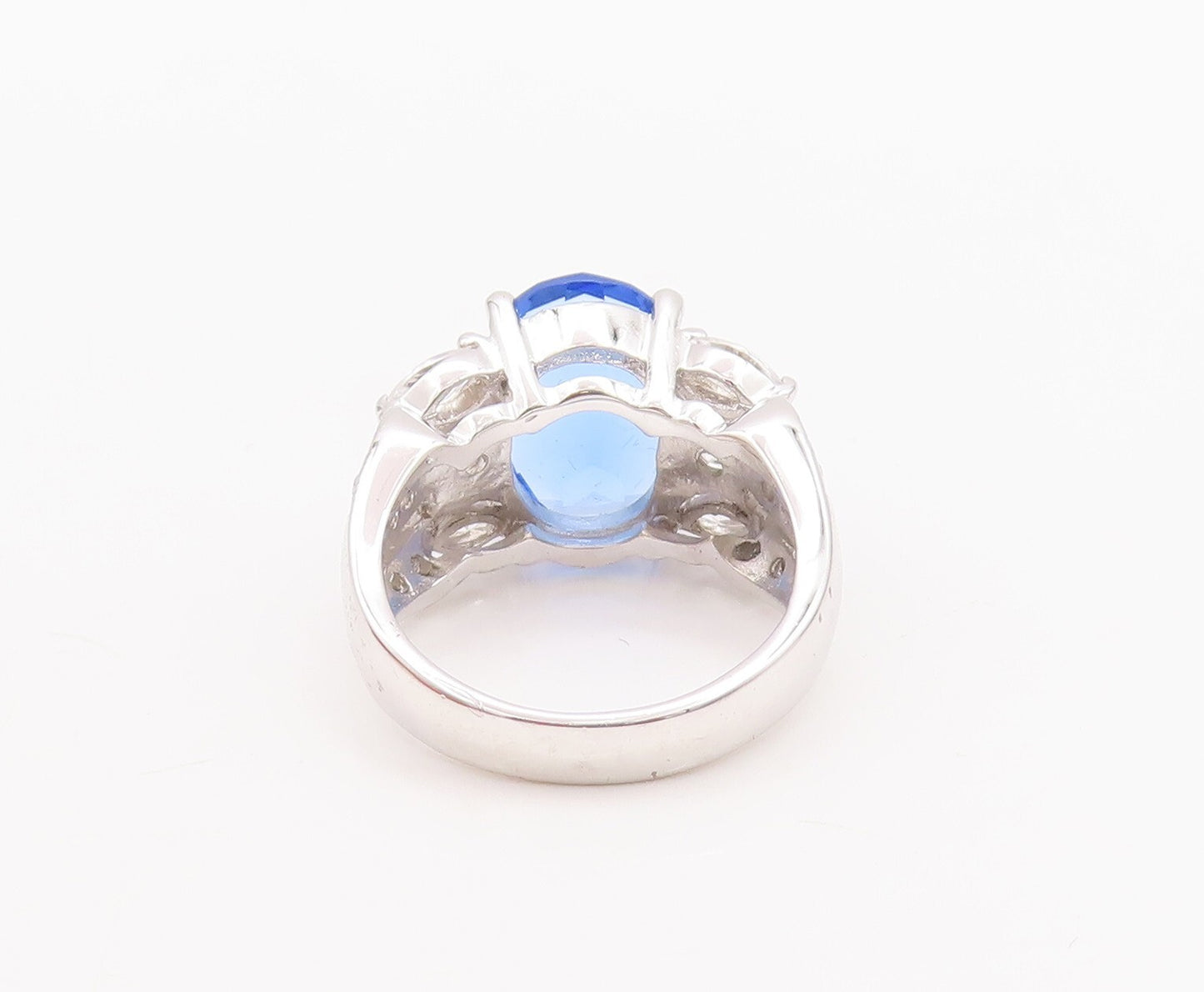 925 Sterling Silver Vintage Ring Designer Cutout Blue & White CZ  Sz 7  RG29596