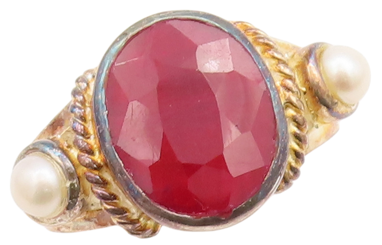 925 Sterling Silver Vintage Ring Gold Plated Oval Ruby & Pearls  Sz 6.5  RG29527