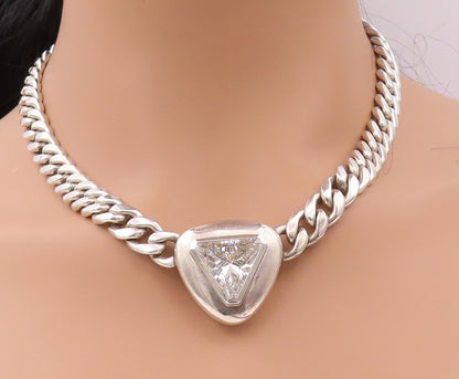 925 Sterling Silver Vintage Necklace Heavy Curb Link Triangle Cut CZ  NE4382