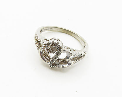 925 Sterling Silver  Vintage Genuine Diamonds Hearts Band Ring Sz 6.5  RG18388