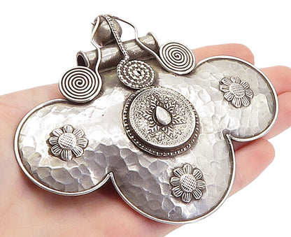 925 Sterling Silver  Vintage Antique Hammered Floral Slide Pendant  PT5956