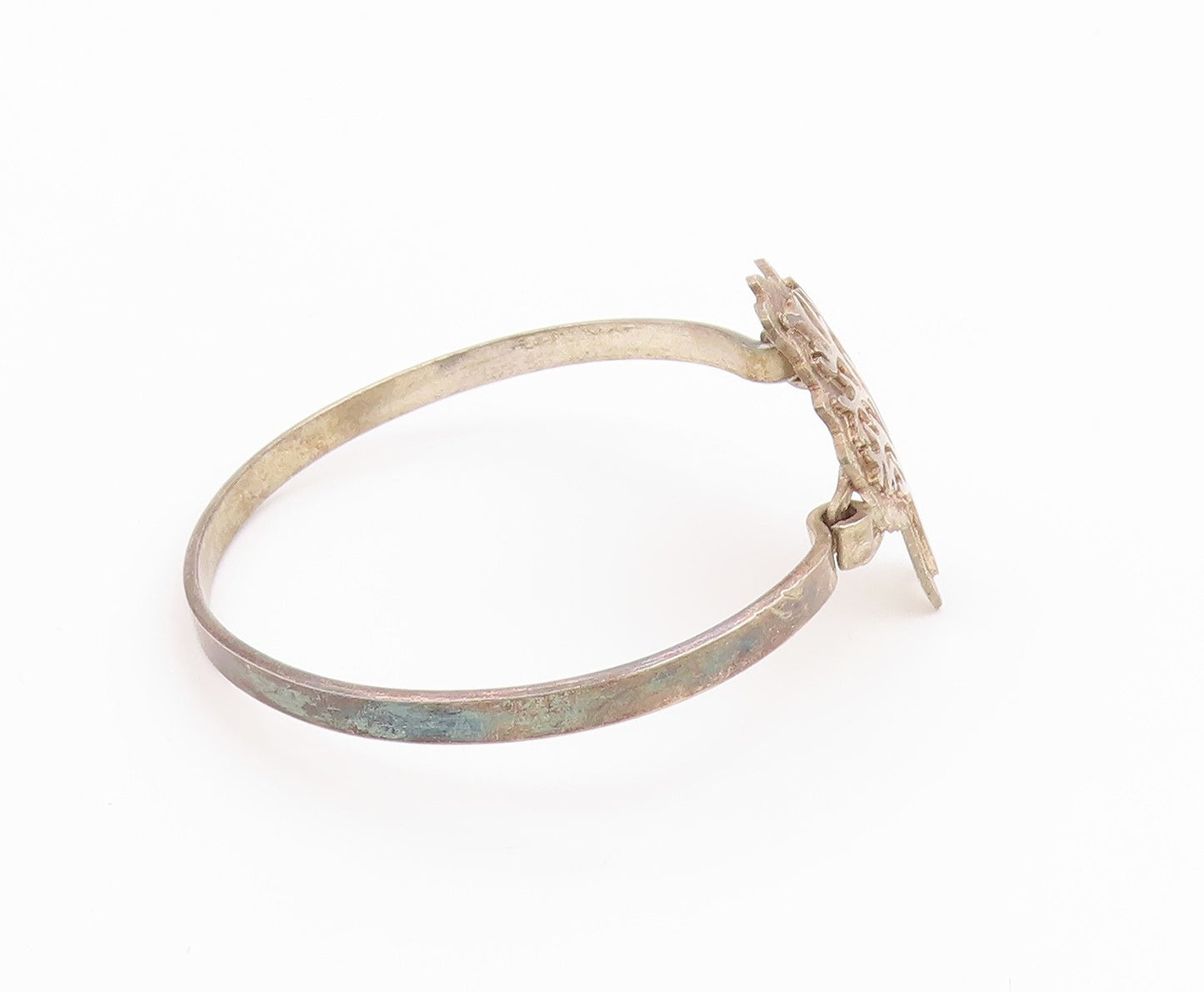 925 Sterling Silver Vintage Carved Tree Of Life Hooked Bangle Bracelet BT9654