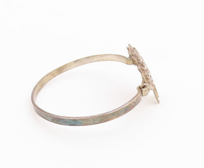 925 Sterling Silver Vintage Carved Tree Of Life Hooked Bangle Bracelet BT9654