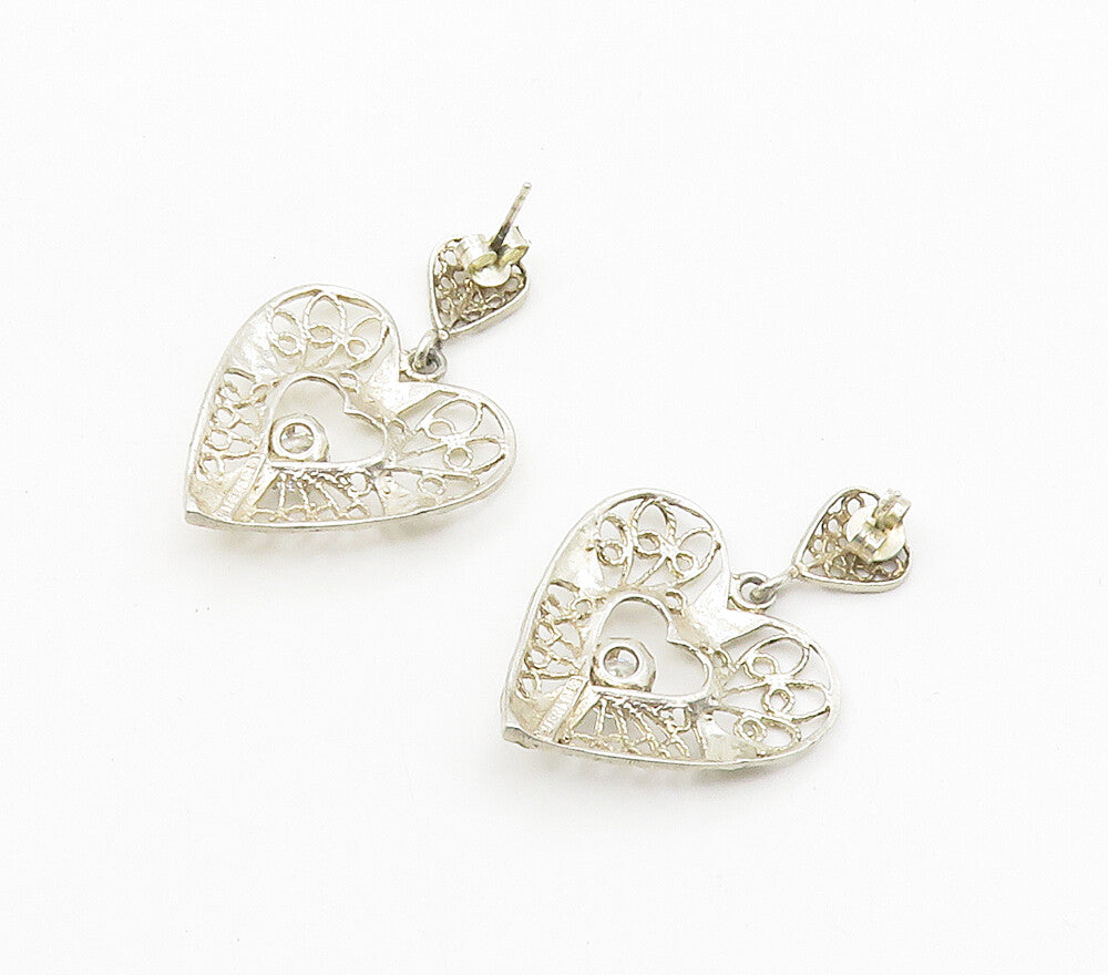 925 Sterling Silver  Vintage Cubic Zirconia Love Heart Drop Earrings  EG7967