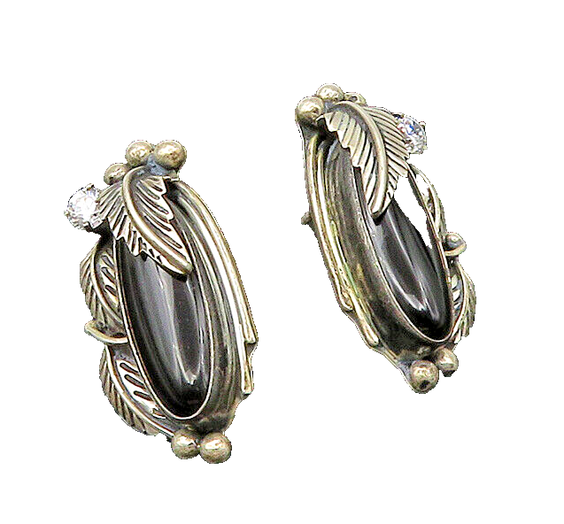 NAVAJO 925 Sterling Silver  Vintage Black Onyx & Cubic Zirconia Earrings EG11078