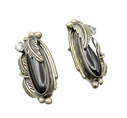 NAVAJO 925 Sterling Silver  Vintage Black Onyx & Cubic Zirconia Earrings EG11078