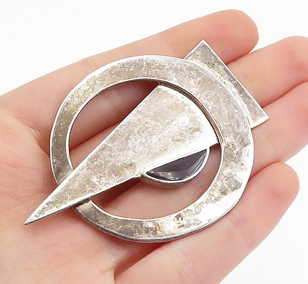 MEXICO 925 Silver  Vintage Black Onyx Modernist Pointed Brooch Pin  BP2615