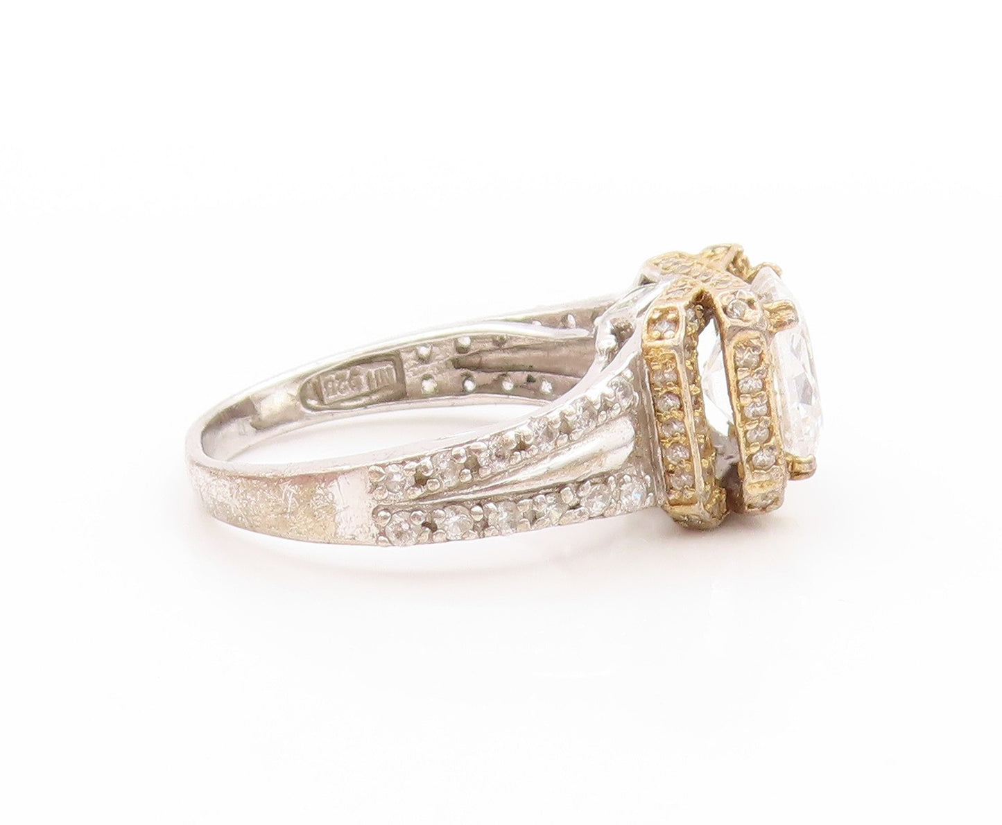 925 Sterling Silver Vintage Ring Designer Square Halo Round CZ  Sz 8.5  RG32997
