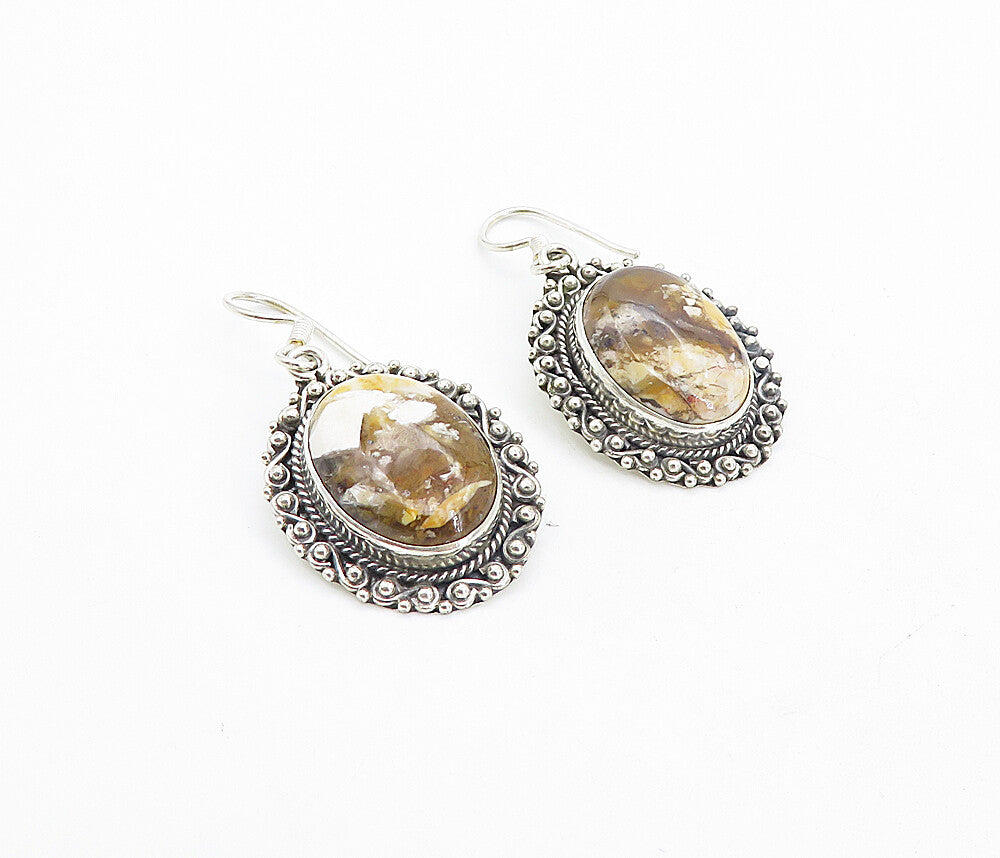 925 Sterling Silver  Vintage Cabochon Cut Brown Jasper Dangle Earrings  EG3632