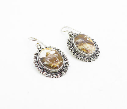 925 Sterling Silver  Vintage Cabochon Cut Brown Jasper Dangle Earrings  EG3632