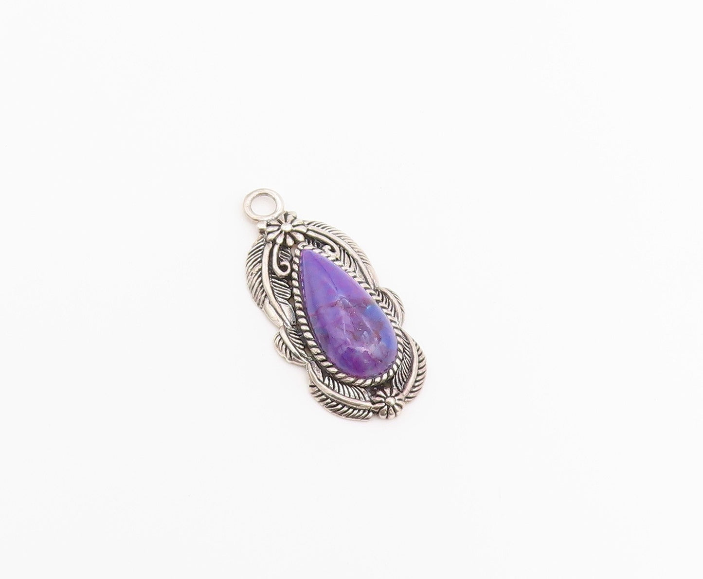 925 Sterling Silver Vintage Pendant Purple Turquoise Etched Leaf Drop  PT26525