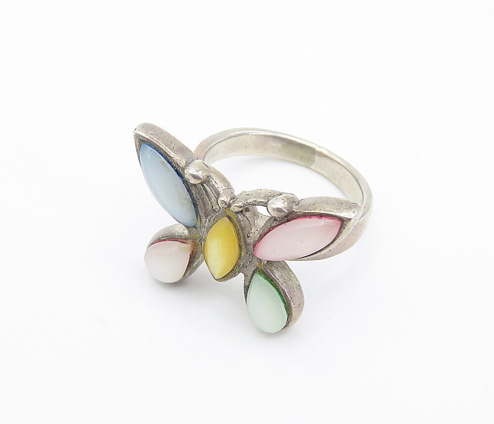 925 Silver  Vintage Mother Of Pearl Butterfly Cocktail Ring Sz 5.5  RG8419