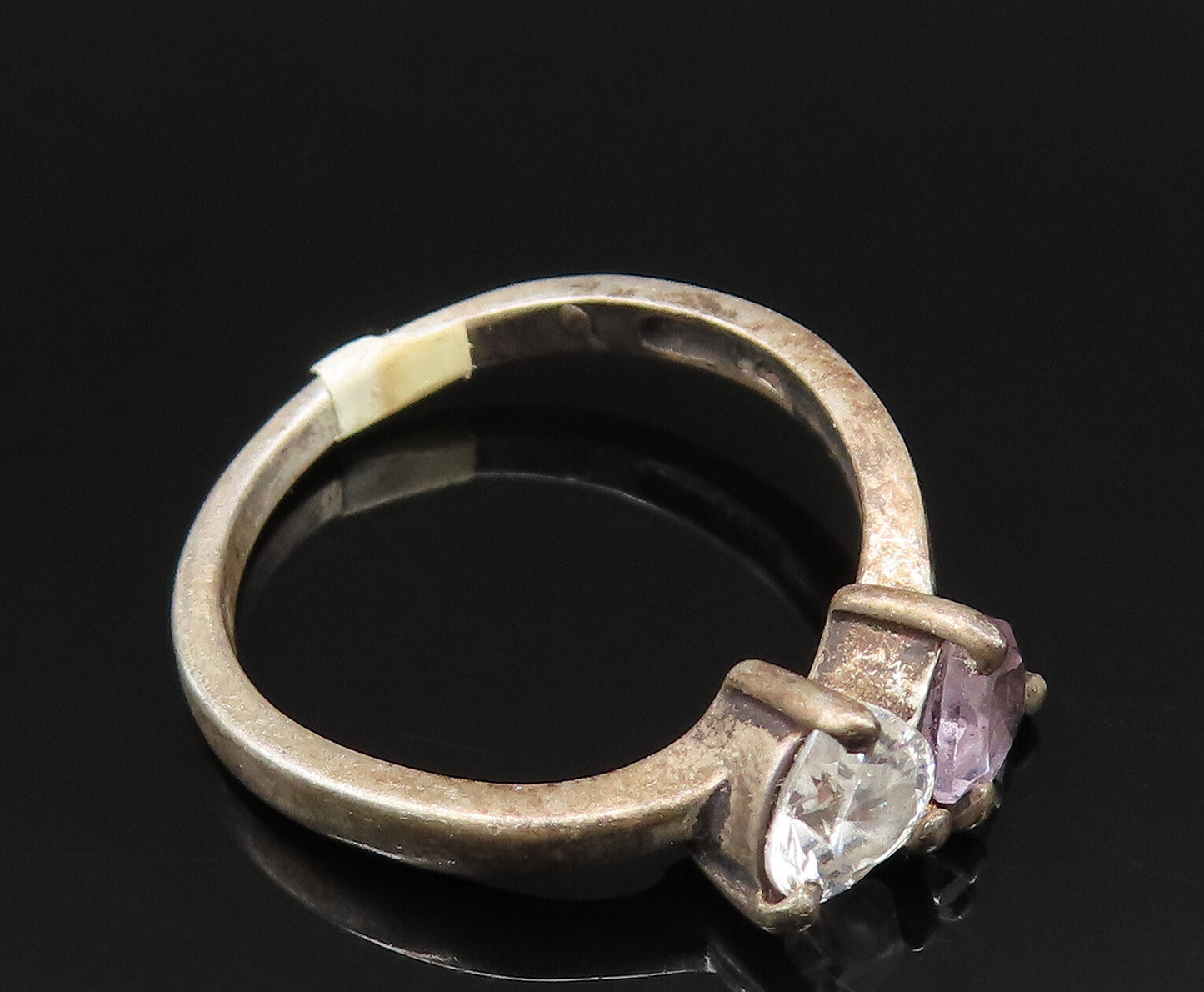 925 Sterling Silver Vintage Oxidized Double Topaz Love Heart Ring Sz 6 RG25382