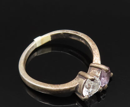 925 Sterling Silver Vintage Oxidized Double Topaz Love Heart Ring Sz 6 RG25382