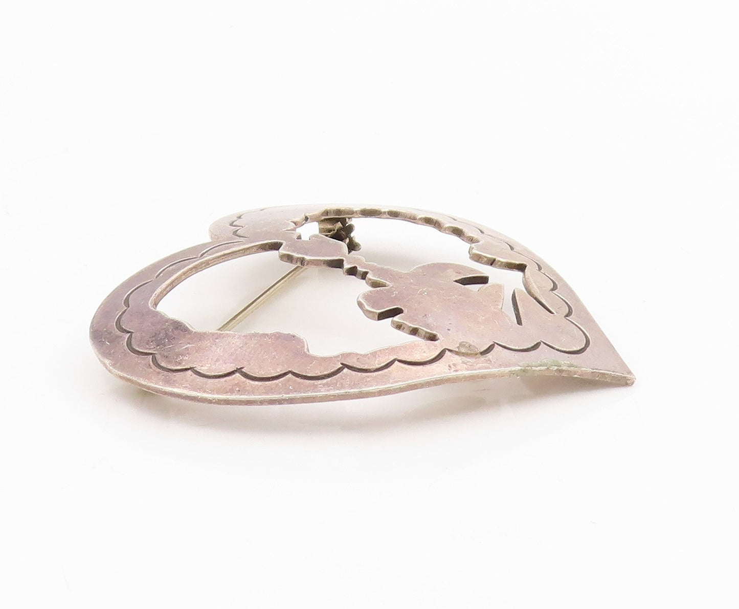 925 Sterling Silver Vintage Brooch MEXICO Cutout Couple In Love Heart  BP12134