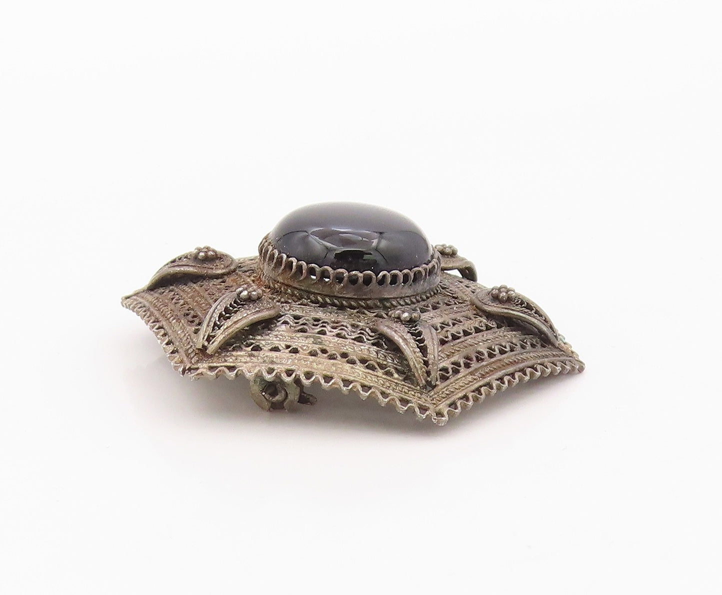 925 Sterling Silver Vintage Brooch Pin ISRAEL Onyx Geometric Filigree  BP12569