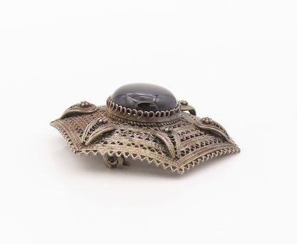 925 Sterling Silver Vintage Brooch Pin ISRAEL Onyx Geometric Filigree  BP12569