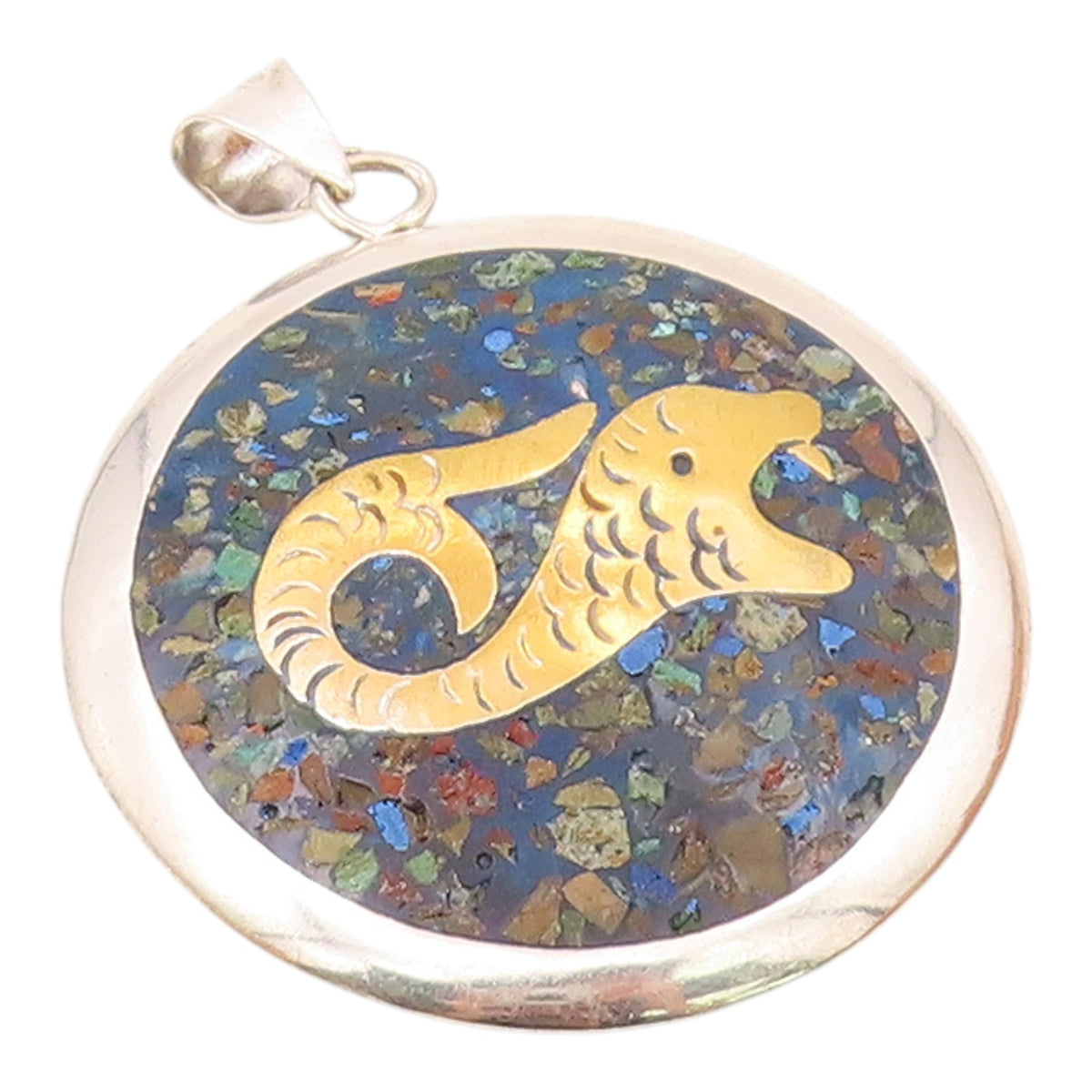 MEXICO 925 Silver  Vintage Crushed Jasper & Lapis Lazuli Sea Pendant  PT20265
