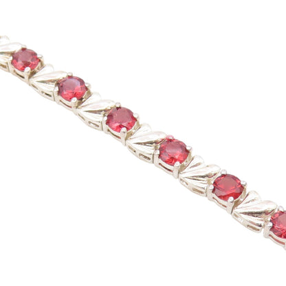 925 Sterling Silver  Vintage Prong Set Red Topaz Shiny Chain Bracelet  BT8316