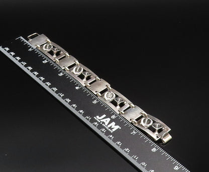 925 Sterling Silver Vintage 3D Flowers Hammered Rectangle Link Bracelet BT9593
