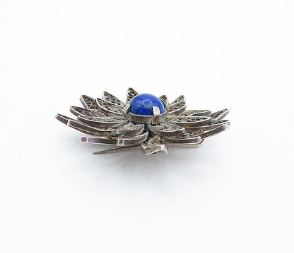 925 Sterling Silver  Vintage Lapis Lazuli Filigree Flower Brooch Pin  BP1646