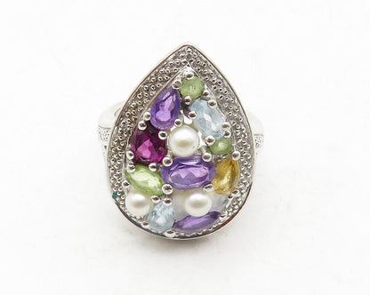925 Silver Pearls Genuine Diamonds & Multi Stone Cocktail Ring Sz 6 RG13217