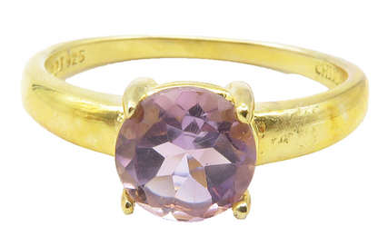 925 Sterling Silver  Amethyst Gold Plated Shiny Solitaire Ring Sz 8  RG11881