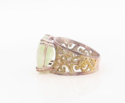 925 Sterling Silver Vintage Ring Swirly Cut Band Green Gemstone  Sz 7.5  RG30441