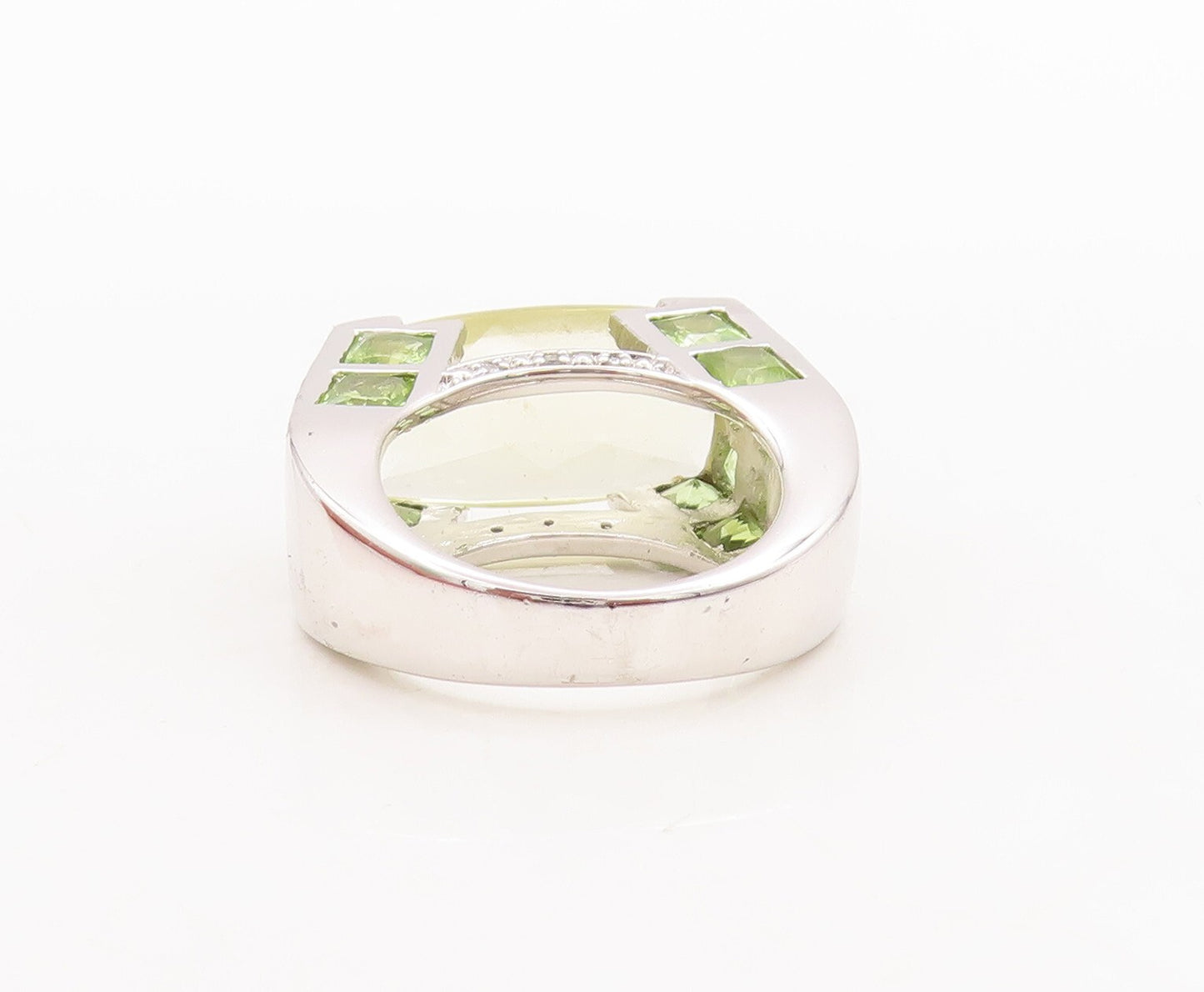 925 Sterling Silver Vintage Ring Cube Cut Peridot & Diamonds Inlay  Sz 6 RG29564