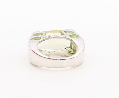925 Sterling Silver Vintage Ring Cube Cut Peridot & Diamonds Inlay  Sz 6 RG29564