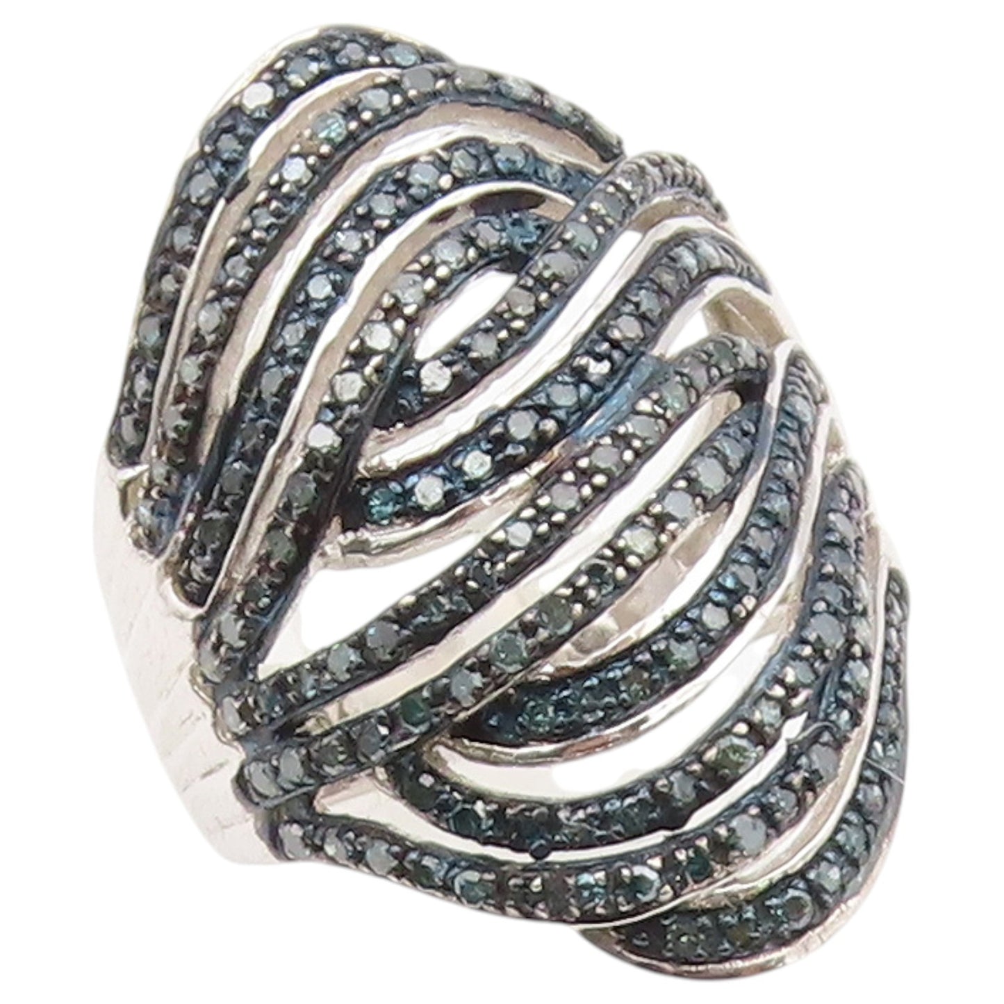 925 Sterling Silver Vintage Ring Real Diamonds Crossover Wave  Sz 9  RG36489