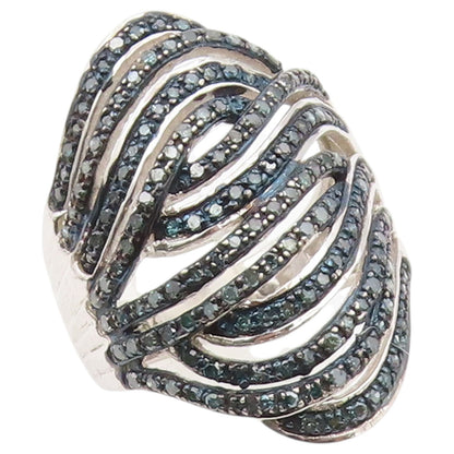 925 Sterling Silver Vintage Ring Real Diamonds Crossover Wave  Sz 9  RG36489