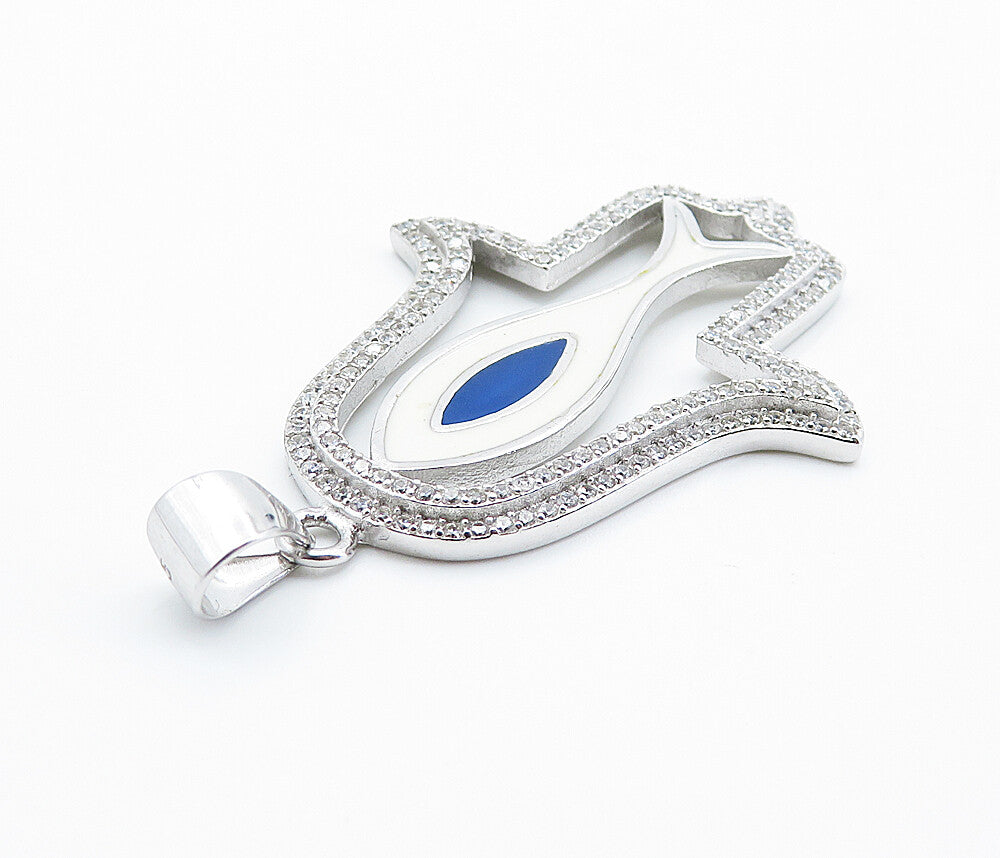 925 Sterling Silver  Sparkling Cubic Zirconia & Enamel Hamsa Pendant  PT6100