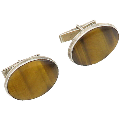 925 Sterling Silver  Vintage Tiger's Eye Shiny Oval Cufflinks  TR2697