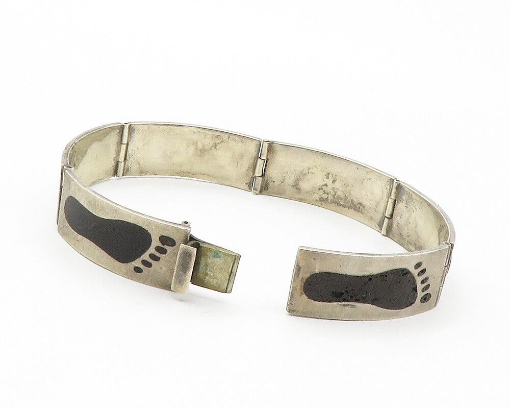 MEXICO 925 Silver  Vintage Black Onyx Footprints Hinge Chain Bracelet  BT5385