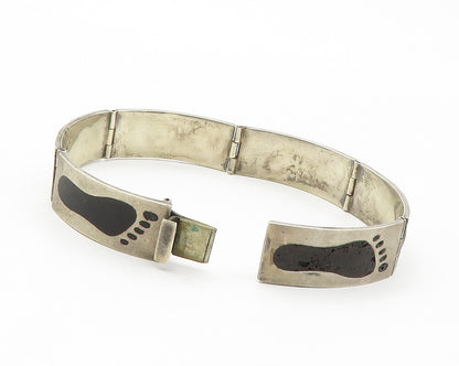 MEXICO 925 Silver  Vintage Black Onyx Footprints Hinge Chain Bracelet  BT5385