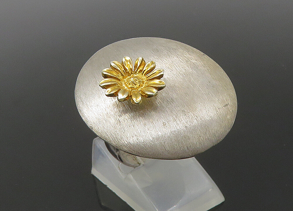 925 Sterling Silver  Vintage Two Tone Sunflower Motif Band Ring Sz 8  RG22572