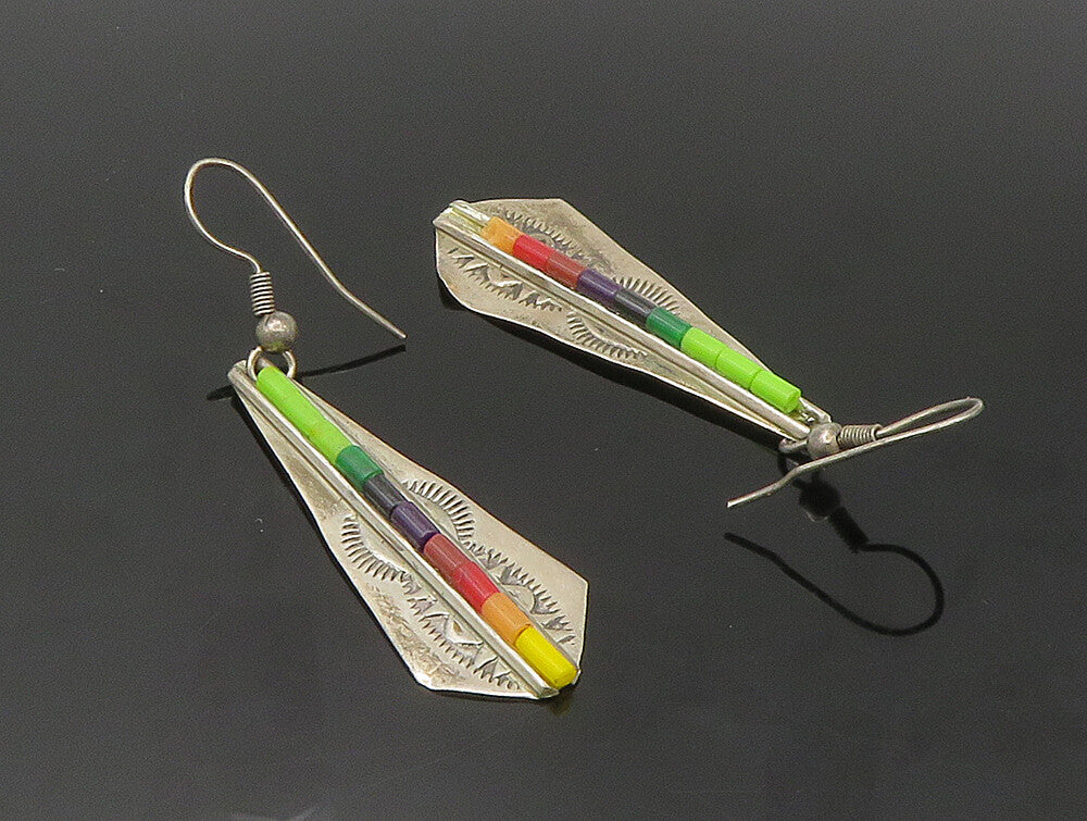 NAVAJO 925 Silver Vintage Gaspeite & Multi Stone Dangle Earrings EG11555
