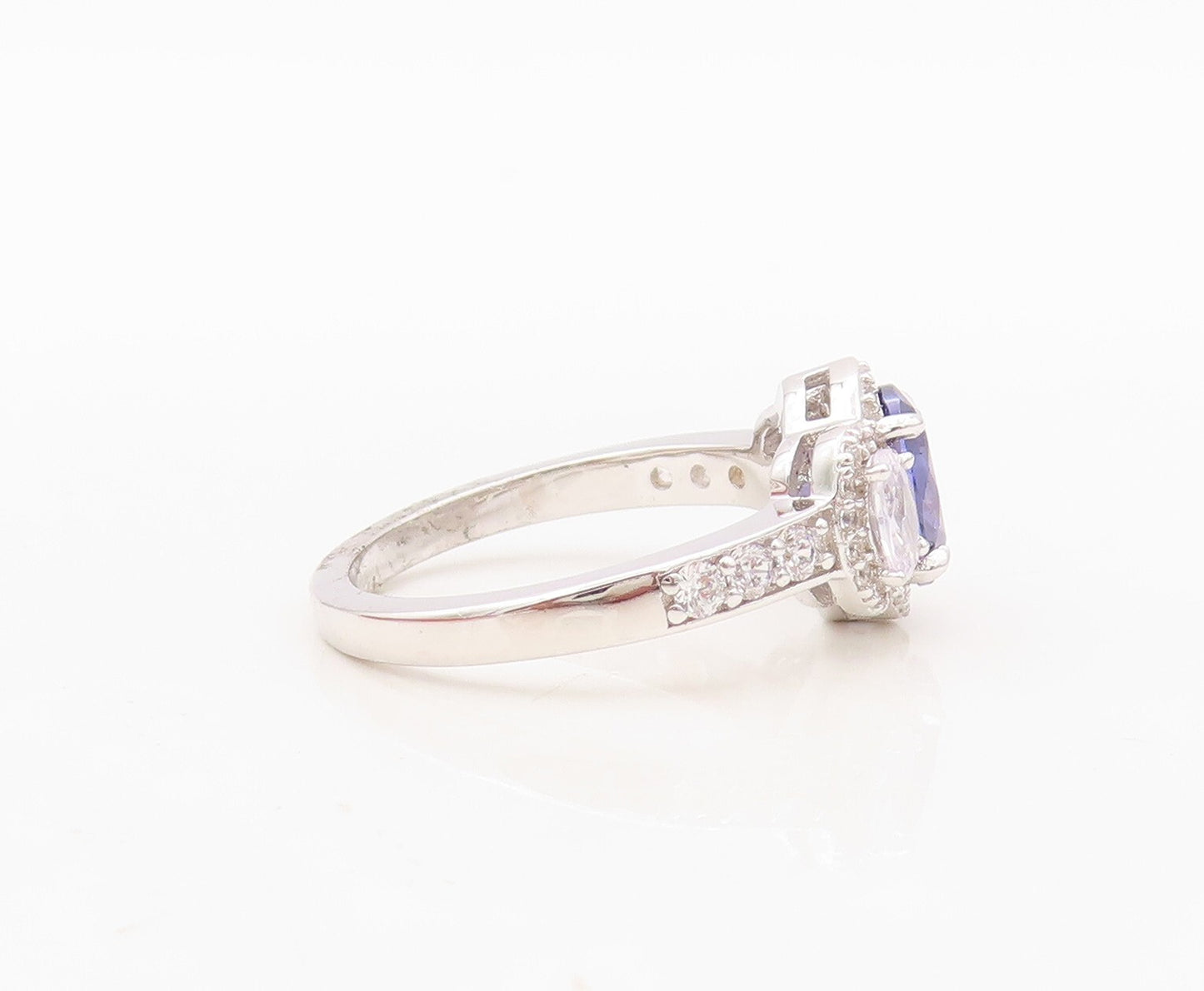 925 Sterling Silver Vintage Ring Oval Cut Tanzanite & CZ Inlay  Sz 7  RG30454
