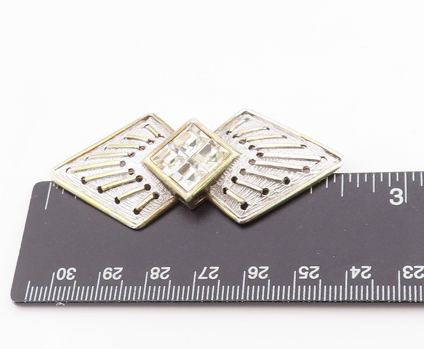 925 Sterling Silver Vintage Brooch PIEFFE Gold Plated CZ Geometric Pin  BP11775