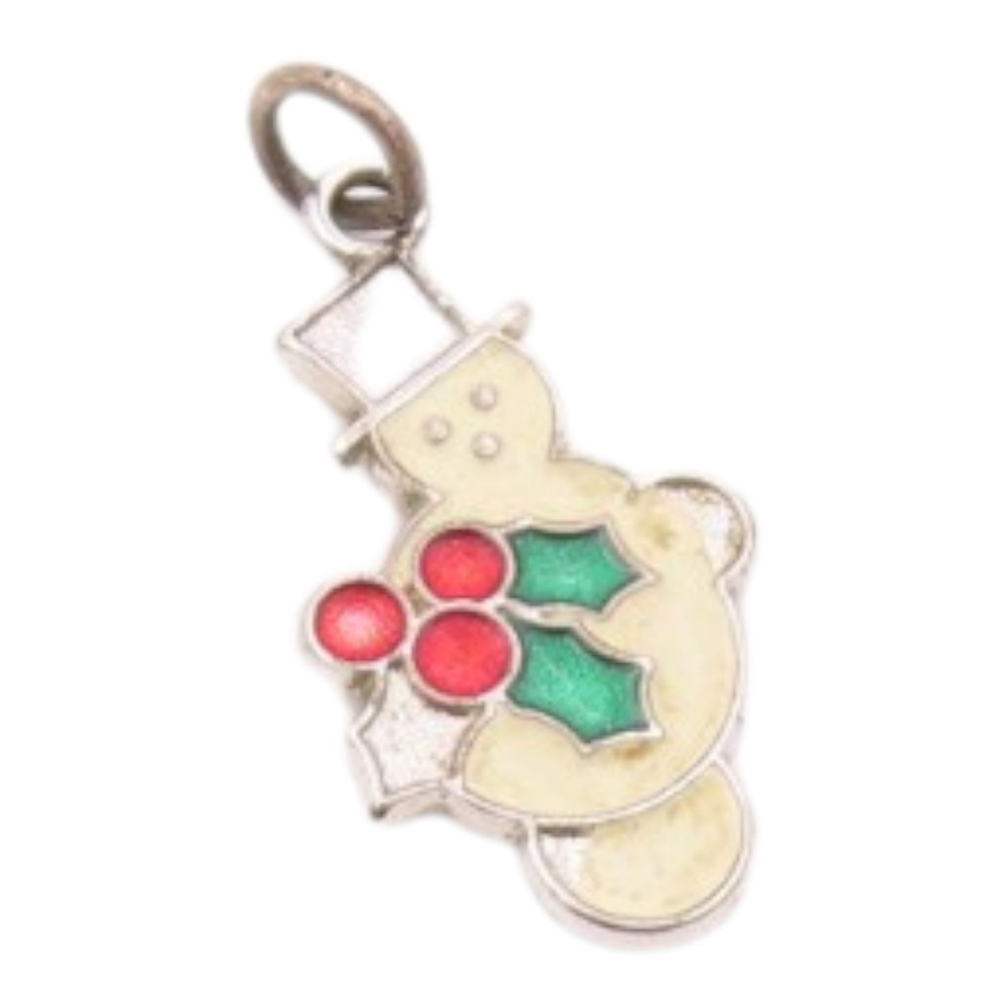 925 Sterling Silver  Vintage Enamel Snowman & XMas Holly Pendant  PT18678
