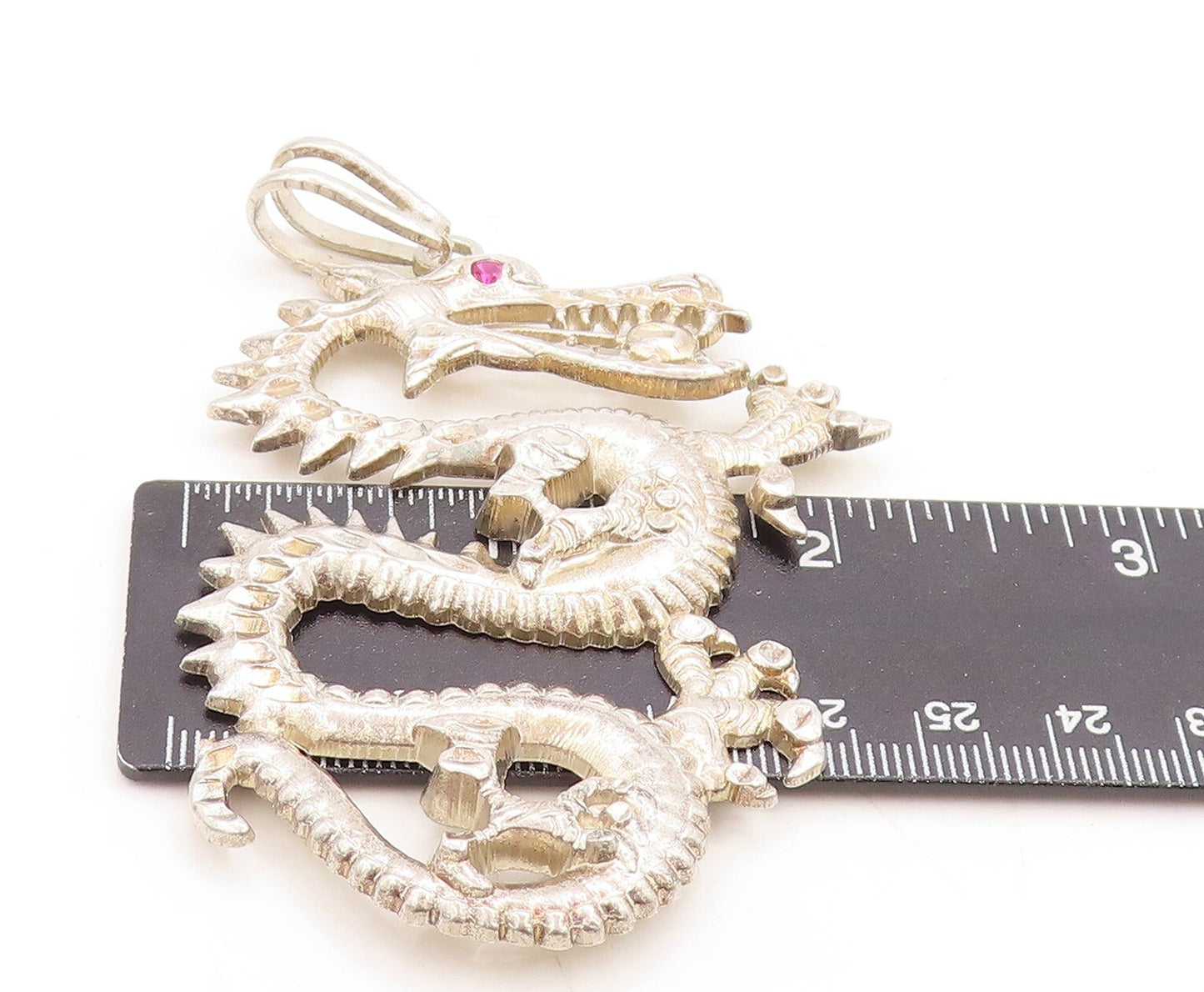 925 Sterling Silver Vintage Pendant Carved Large CZ Eyed Chinese Dragon  PT23812