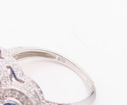 925 Sterling Silver Vintage Ring Oval Sapphire Halo CZ Inlay Sz 8 RG30009