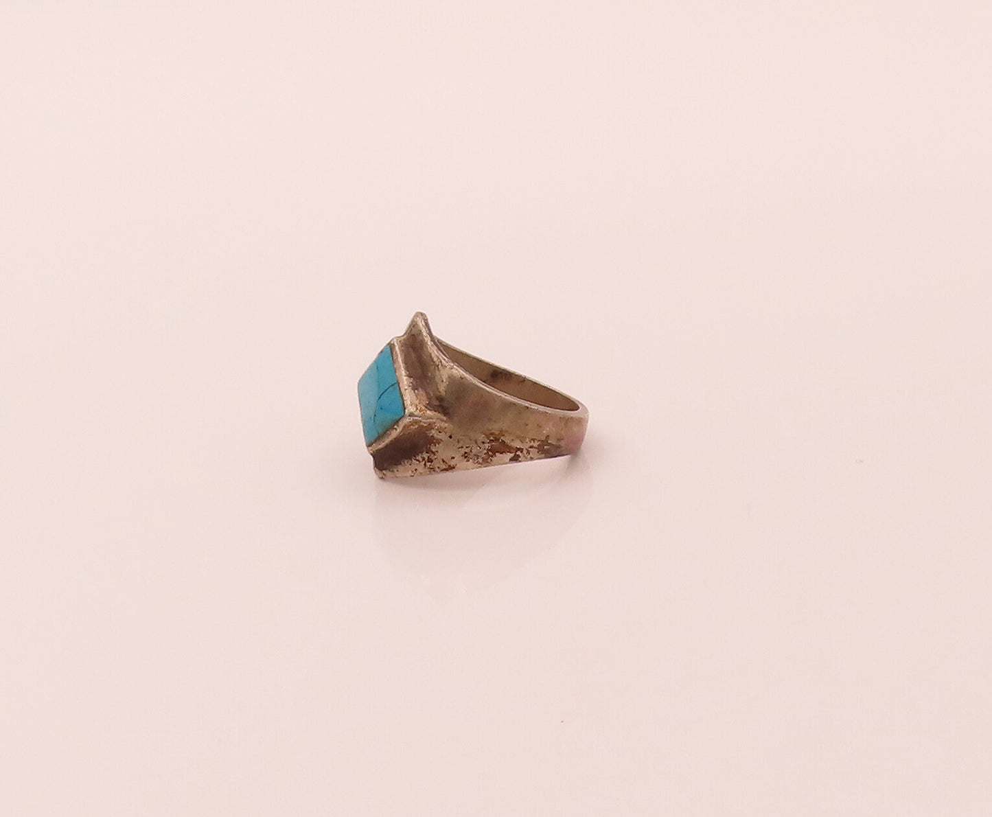 MEXICO 925 Silver  Vintage Rhombus Cut Turquoise Solid Ring Sz 11.5  RG26754