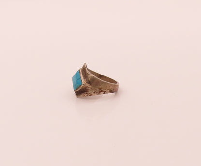 MEXICO 925 Silver  Vintage Rhombus Cut Turquoise Solid Ring Sz 11.5  RG26754