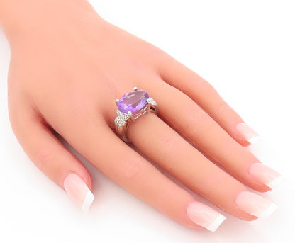 925 Sterling Silver Vintage Ring Oval Cut Amethyst Diamonds Inlay  Sz 7  RG29405
