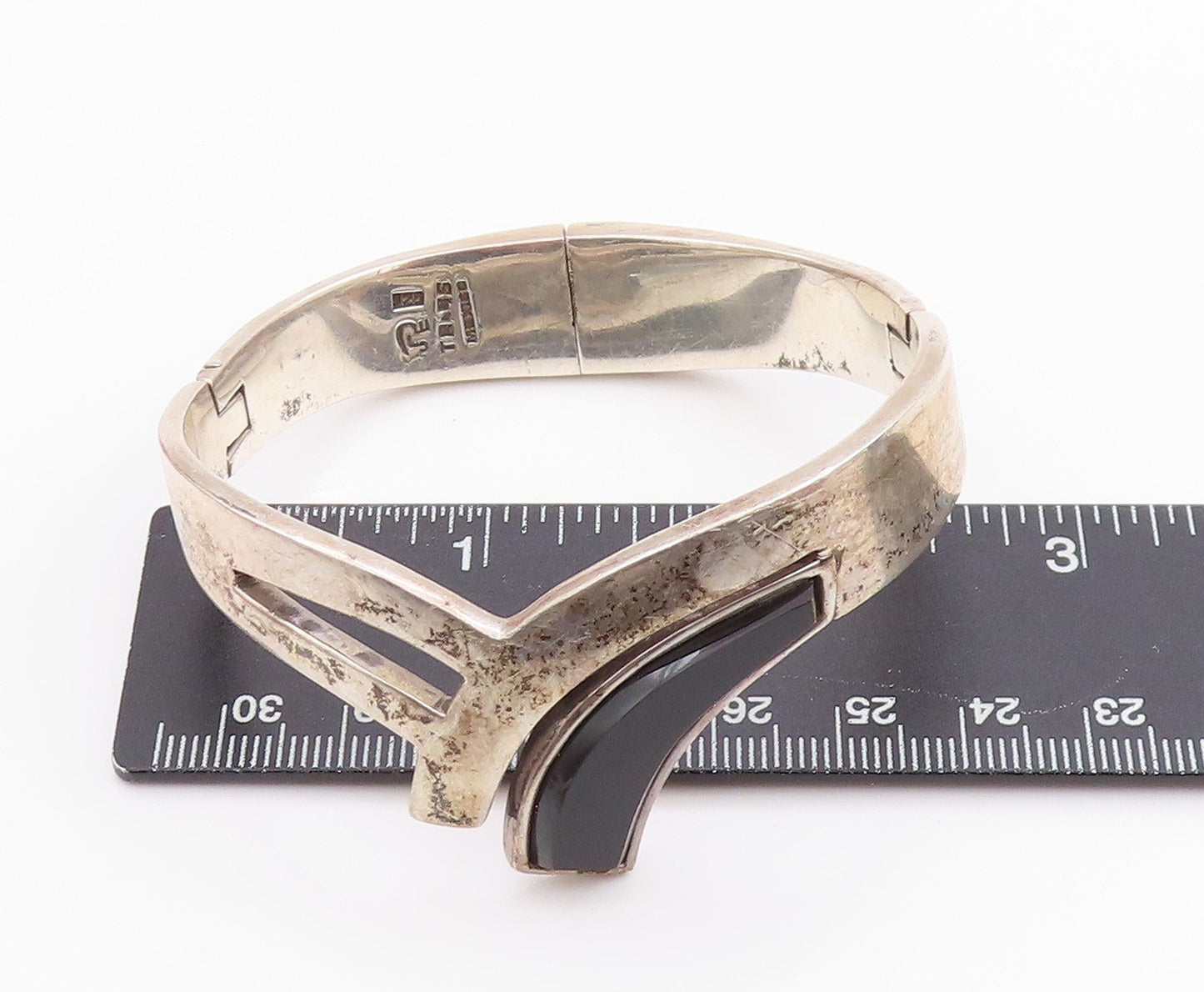 925 Sterling Silver Vintage Bracelet JRE MEXICO Designer Cutout Onyx  BT11326